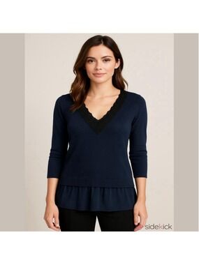 Weekend MaxMara Silk Cotton Tunic Top Sz L Navy Lace Trim Pleated Hem 3/4 Sleeve